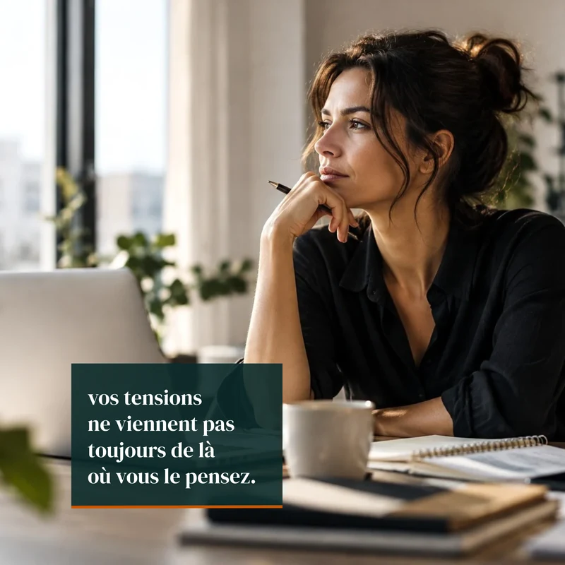 Une femme pensive devant son ordinateur. Légende : vos tensions ne viennent pas toujours de là où vous le pensez.