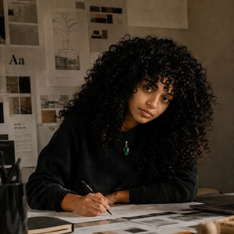 Sheron Ascione, un stylo à la main, penchée sur son bureau de travail
